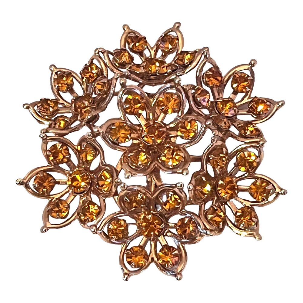 Vintage 1950s Floral Brooch Citrine Rhinestone Gold Tone Cluster Pin - 6D